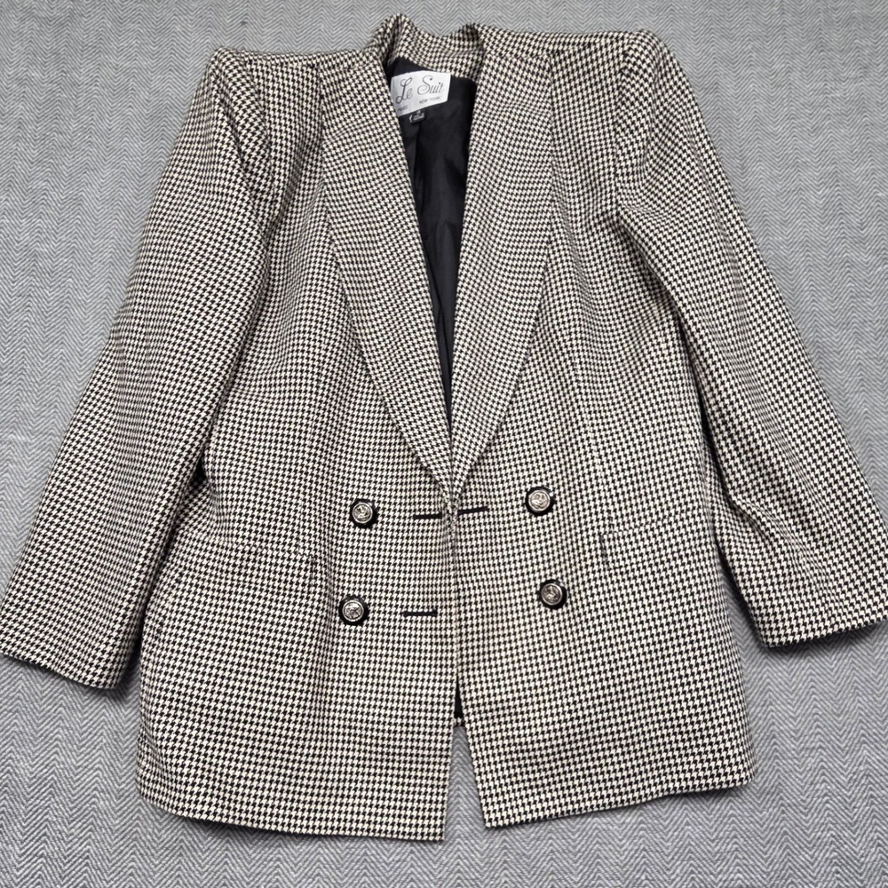 Le Suit Vintage Wool Blend Houndstooth DoubleBreasted Blazer Black White Size 14